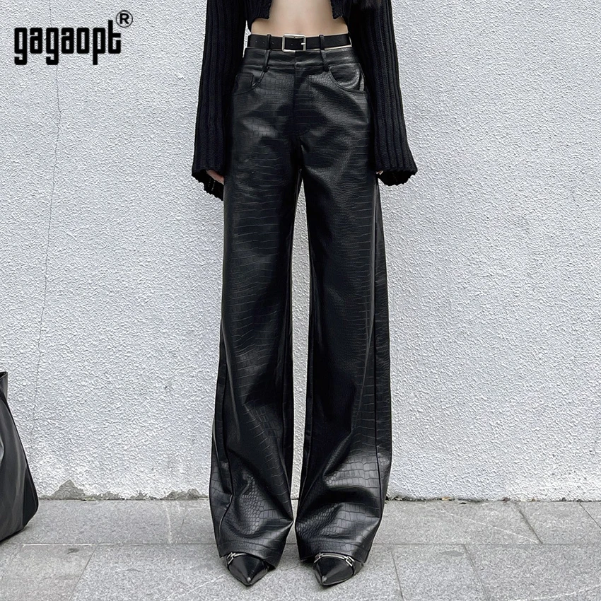 Imagem -02 - Gagaopt-calça de Couro Preta Feminina Calça de Cintura Alta Streetwear Casual e Reto Perna Larga Vintage e Elegante