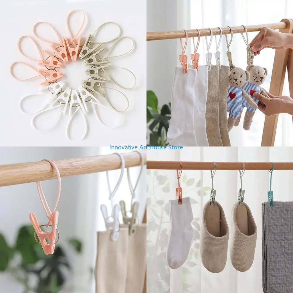E1PC 12pcs Clothes Pins with Plastic Rope for Clothesline Drying Clothing Clips Mini Clothespins Pegs Windproof Photo Clip
