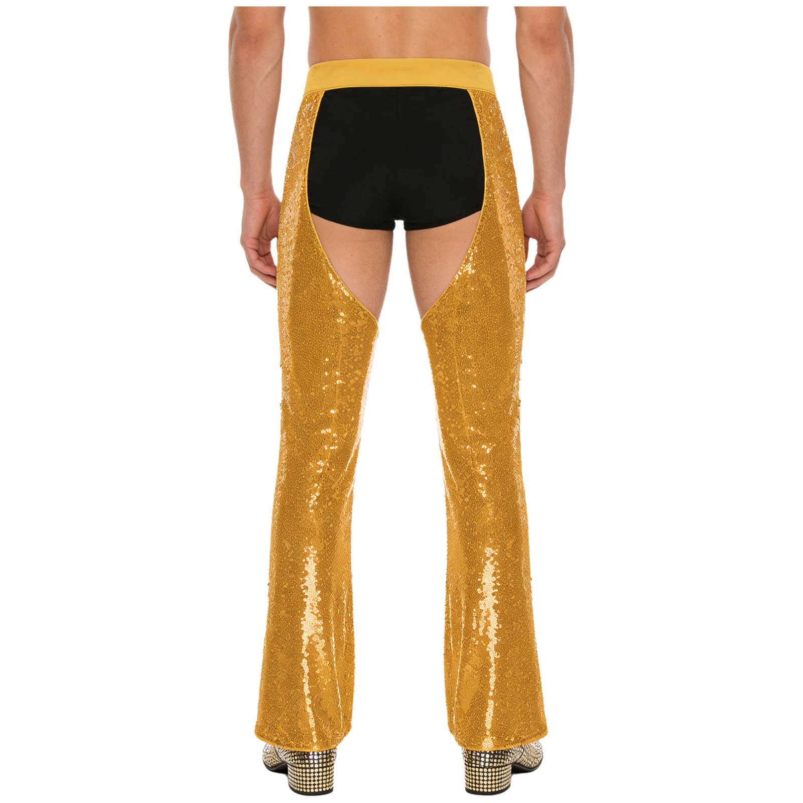 Mens Glittery Sequin Cowboy Chaps Pants Adjustable Waist Crotch Hollow Out Fully Lined Flared Pants Masquerade Club Costume view 2