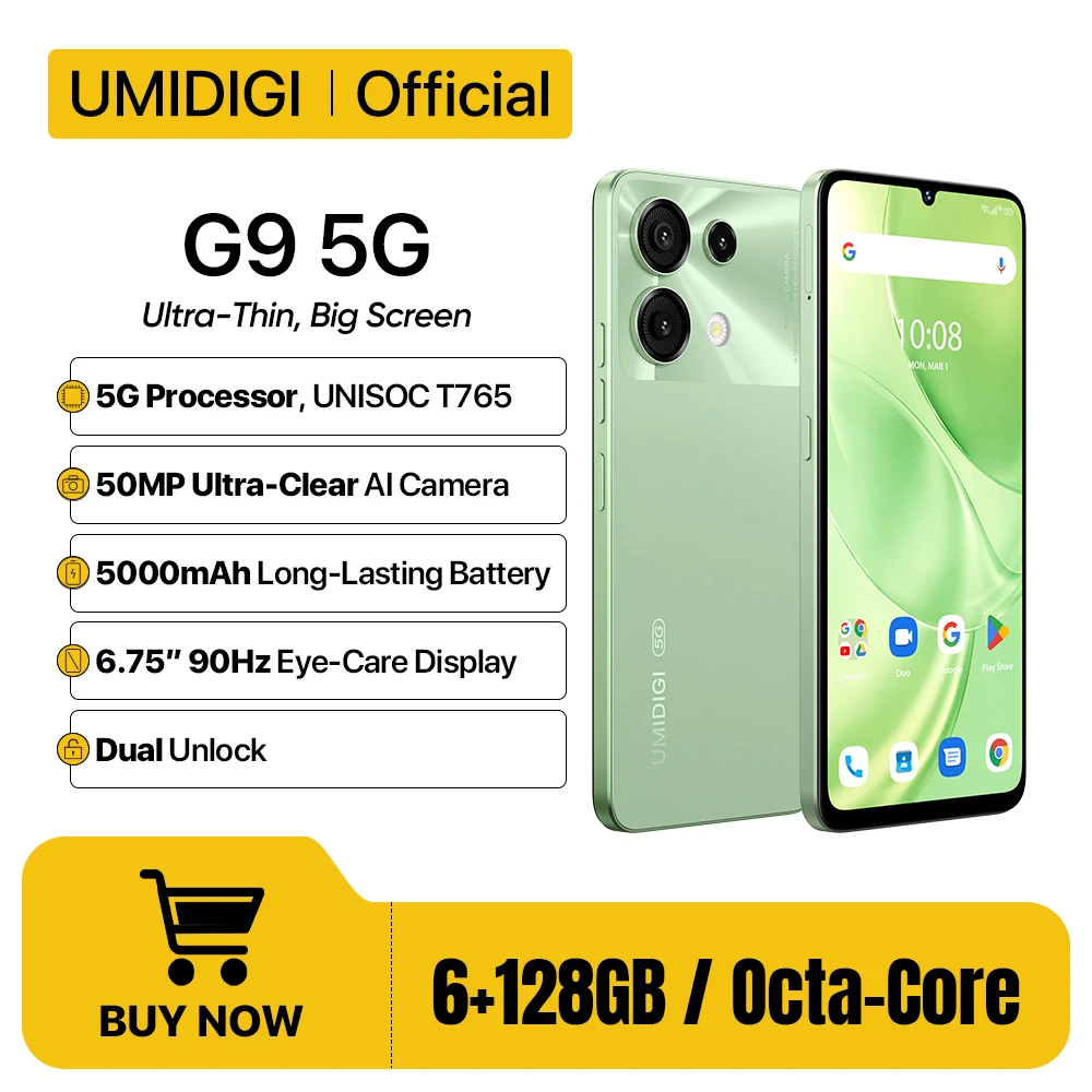 هاتف ذكي UMIDIGI G9 5G 5G Android 14 8-Core 6+6GB 128GB 6.75 بوصة 90 هرتز HD + 50MP 5000mAh 18W شحن 5G هاتف محمول