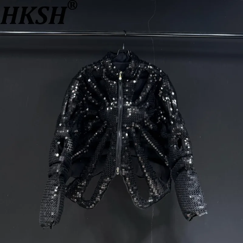 

HKSH Autumn Winter New Men Heavy Sequin Zipper Hollow Out Punk Jacket Loose Trendy Casual Fashion Design Ins Padded Coat HK16699