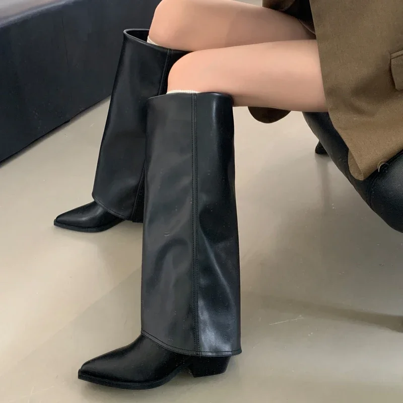 Eilyken Lente Herfst Puntige Neus Kniehoge Laarzen Vrouwen Designer Vintage Vierkante Lage Hakken Schoenen Moderne Lange Botas Para Mujer