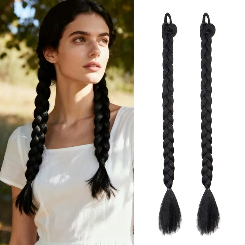 24Inch Synthetic Long Straight Braid Ponytail Hair Extensions Elastic Rubber Band Soft Hairpiece for Women Party Daily Use