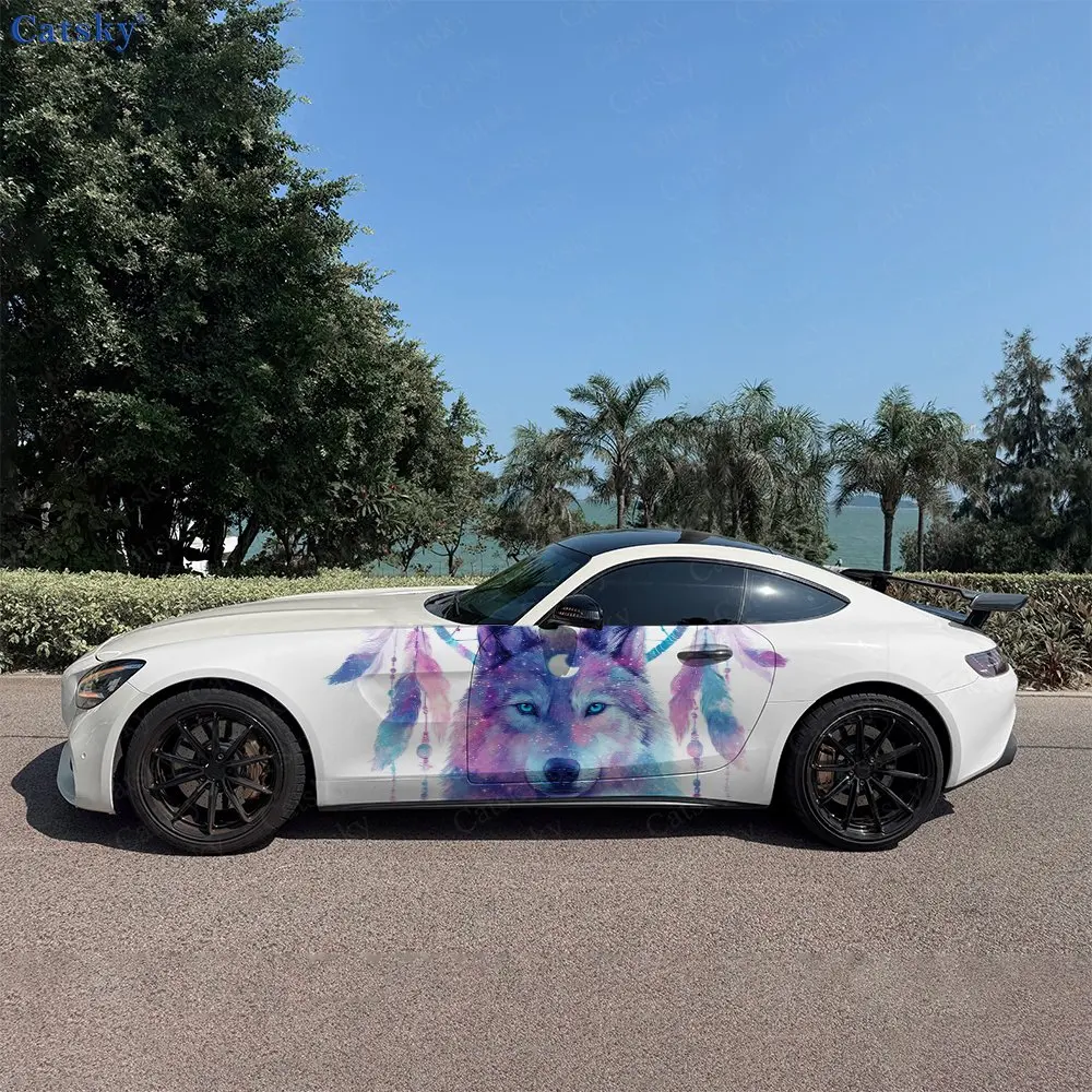 2Pcs Nebula Splatter Feather Wolf Car Side Wraps, Self-Adhesive PVC Waterproof & Scratch-Resistant Stickers, Car Accessory Gift