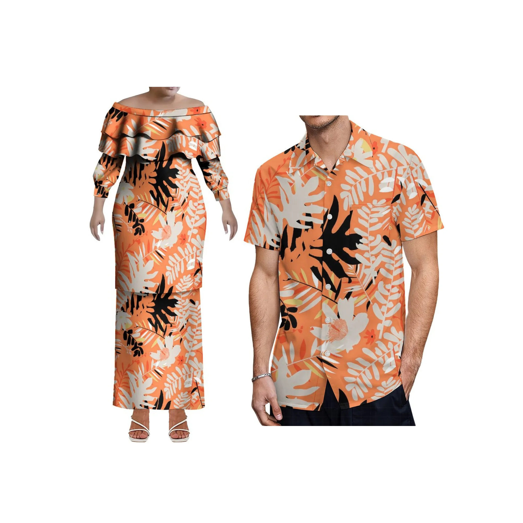 2025 novo estilo design personalizado senhoras fora do ombro vestido 2 peça conjunto samoa puletasi vestido plus size dupla camada babado vestido