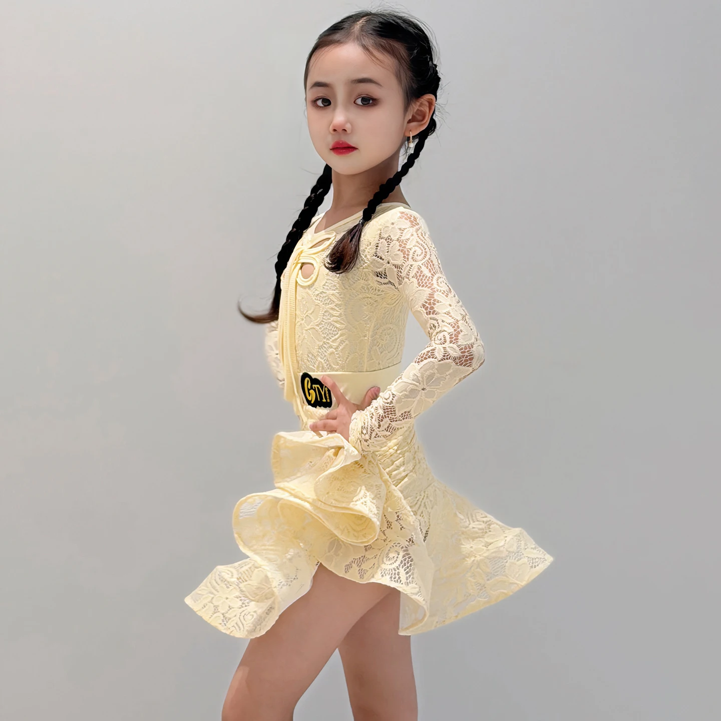 Vêtements de danse pour enfants, concours de danse latine jaune, manches longues, robe de danse de salle de bal, costumes de scène SL14599