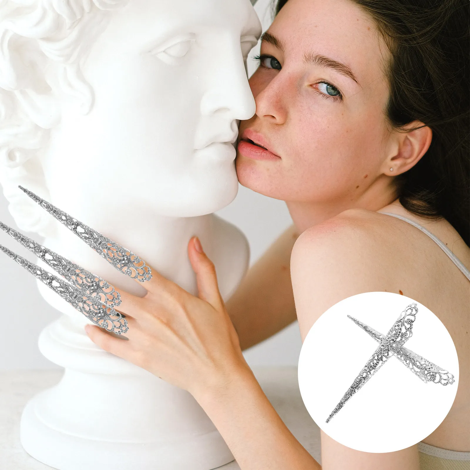 

10 шт. длинных накладных ногтей, полые накладки на пальцы, защитные колпачки для пальцев, кольца для ногтей для вечеринок и косплея для женщин