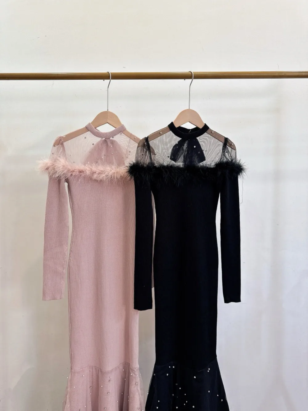 Luxury Feather New Beading Mermaid Robe Mesh Patchwork Celebrity Elegant Dress Japan Slim Bodycon Knit Fashion Vestidos