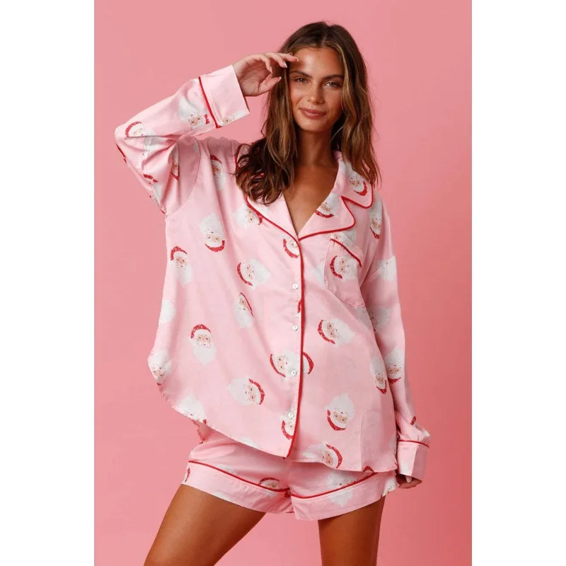 Women Christmas Printed Pajamas Home Two-Piece Suit Women Long-Sleeved Single-Breasted V-neck Shirt Elastic Waist Shorts Suit