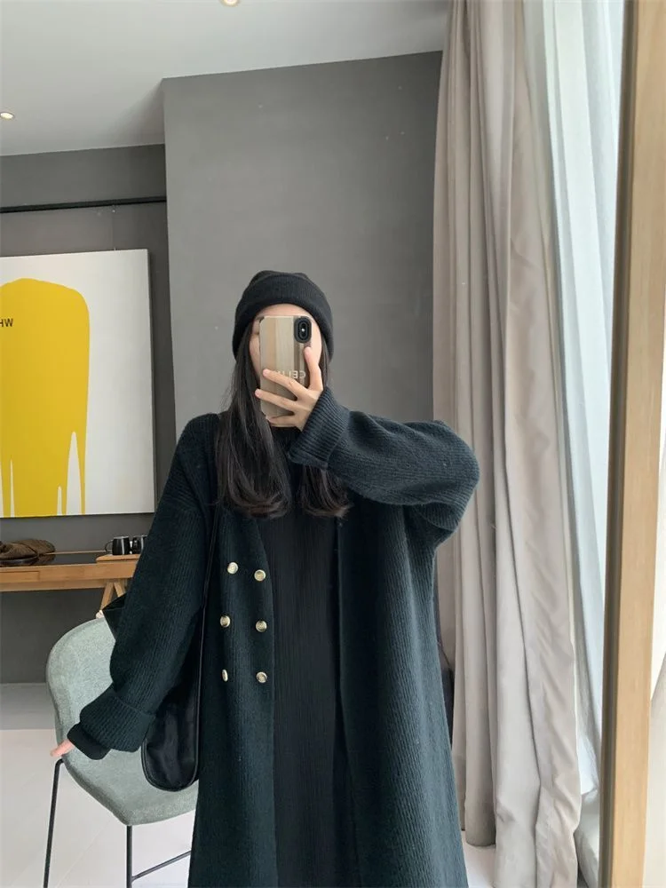 

Mid-Long Cardigans Office Womens Fall Thermal V-Nek Skinny Slim-Fit Yarn Hollowing Fancy Spliced Flap Loose-Thickened Fine Daily