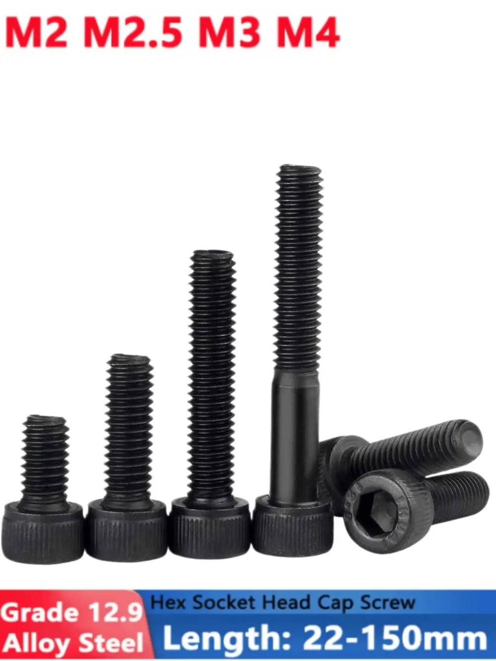 12.9 Grade Black Alloy Steel DIN912 Allen Hex Socket Cap Bolts M2 M2.5 M3 M4 Long Screws 22‑150mm 5‑50pcs Industrial Fasteners