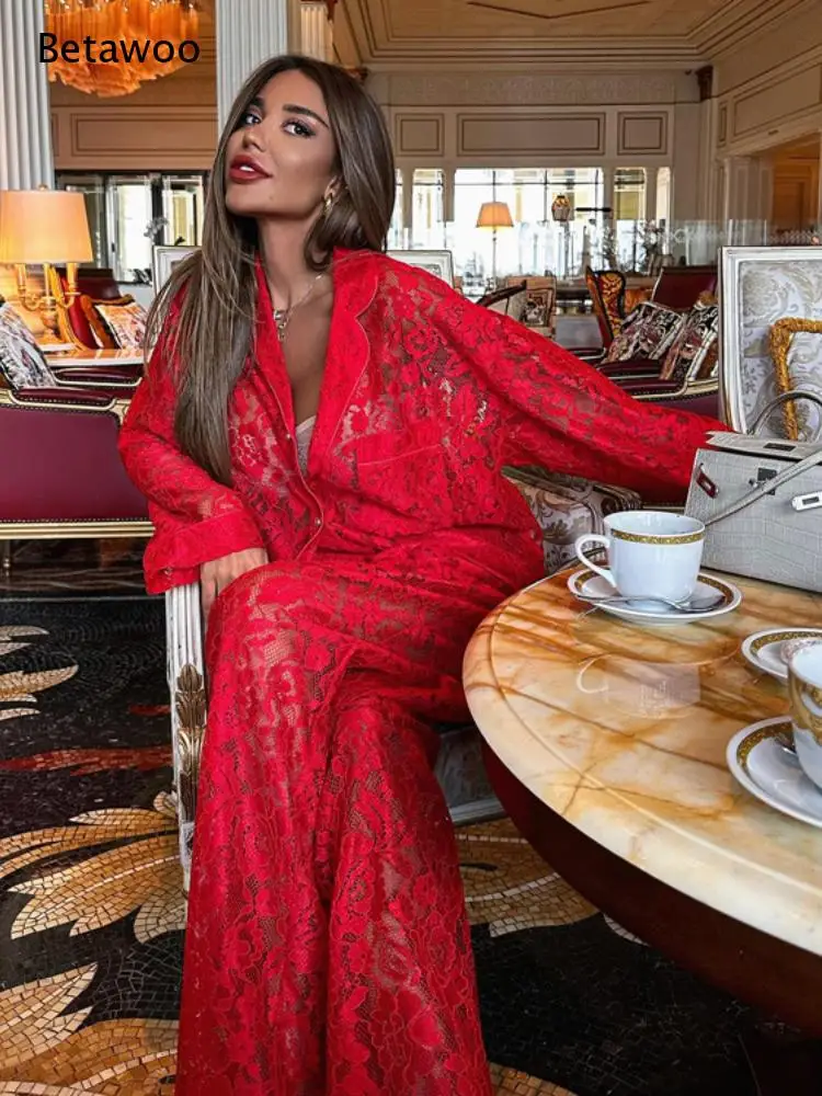 Elegant Solid Sheer Lace Two Piece Set Oversized Lapel Shirt and Flowy Floor Length Pants Resort Outfit