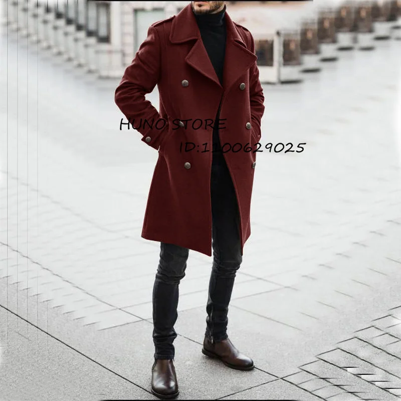 Winter Men\'s Wool Long Coat Slim Fit Double Breasted Customized Dress Elegant For Male Cotton Jacket מעיל ארוך