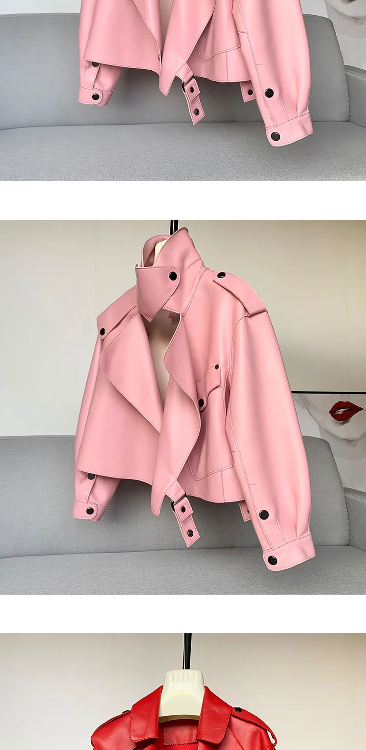 Genuine Sheepskin Leather Biker Jacket - Womens Winter Spring Coat