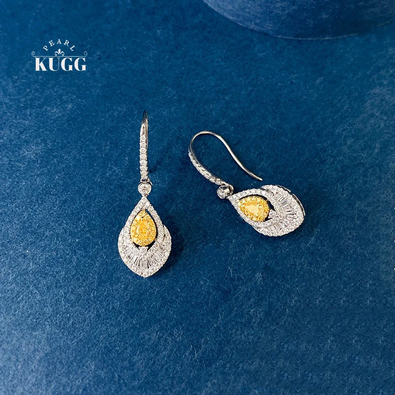 

KUGG серьги из 100% белого золота 18 карат, роскошные элегантные стильные серьги-капли с настоящими натуральными желтыми бриллиантами для женщин, ювелирные изделия для вечеринок