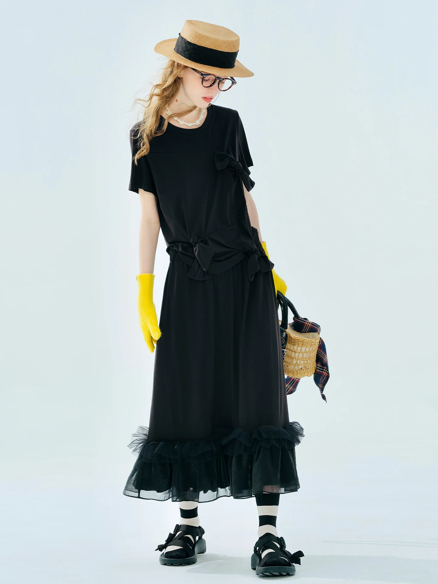 Zwarte midi-rok voor dames met tule ruches aan de zoom Strikdetail Elastische taille Casual feestrok Zwierig A-lijn Mode 255112