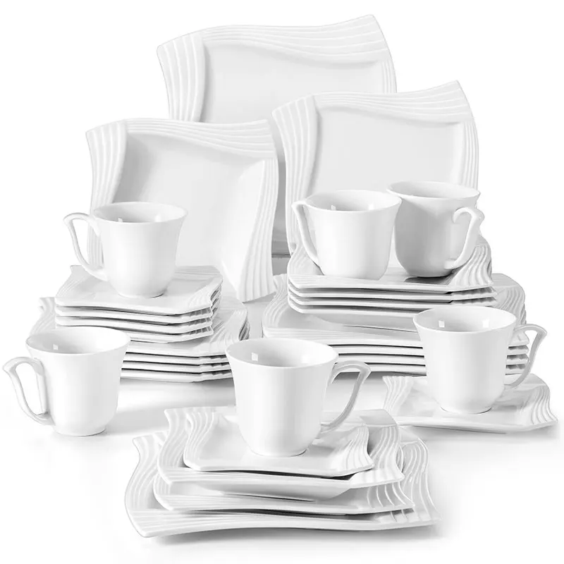 MALACASA Amparo 30/60 Piece White Porcelain Dinnerware Set Cups Saucers Dessert Soup Dinner Plates Service for 6/12 Persone