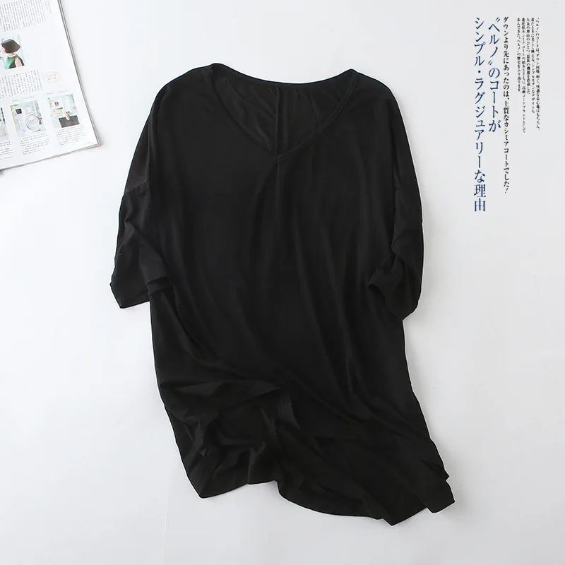 T shirts for Women Home Wear Summer loose Middle sleeve Shirt V-neck Top Plain White Modal Cotton Ladies Korean Style