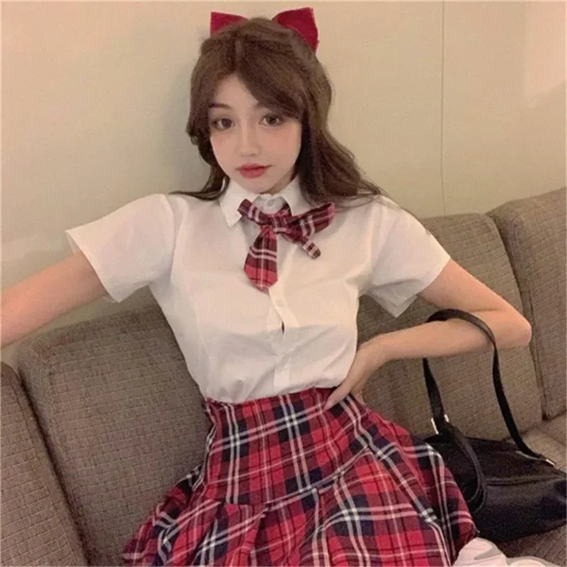 Short Sleeves Japanese School Uniform Girl Sailor Dress Red/Tibetan Blue Plaid Skirt Uniformes Korean Costumes For Girls MN10