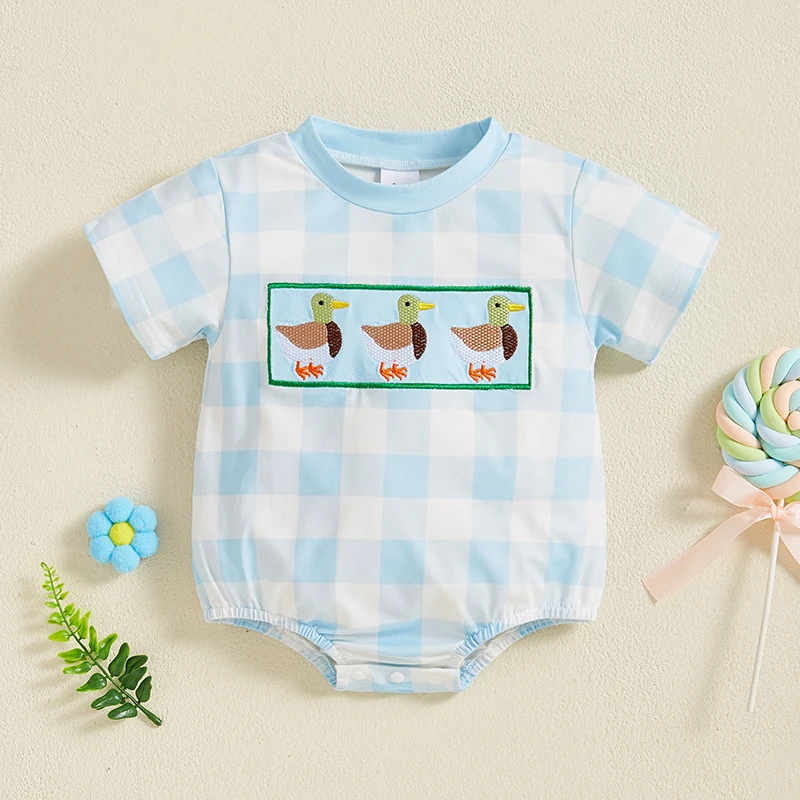 0-18M Toddler Baby Boys Girls Rompers Summer Short Sleeve Round Neck Duck Embroidery Jumpsuit Plaid/Striped Print Infants Tops