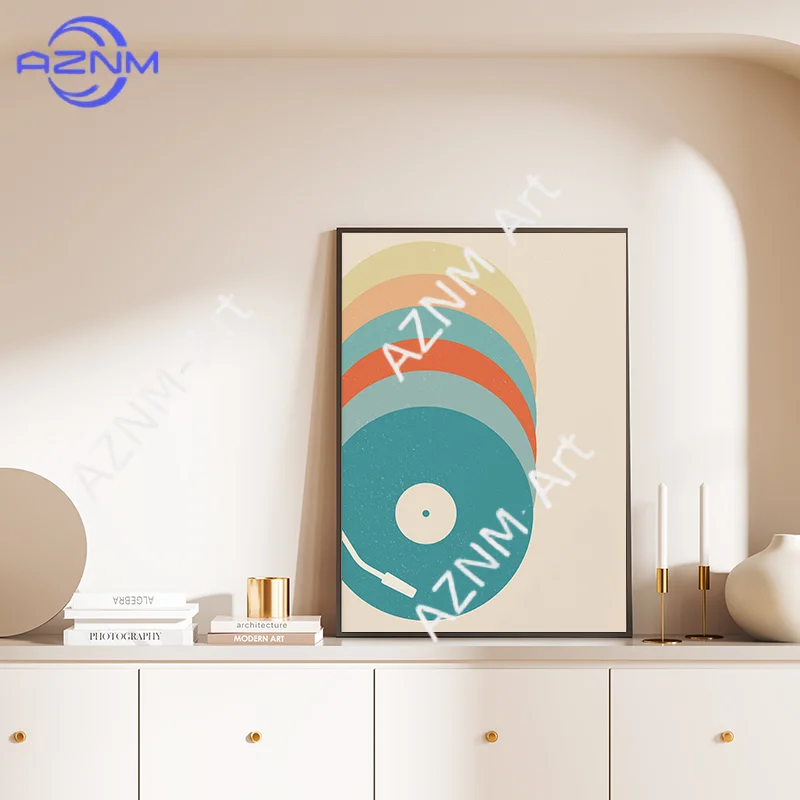 Retro Vinyl Record Print Mid Century Music Minimal Pastel Poster Colorful Wall Art Trendy Minimalist Turntable Home Room Decor view 5