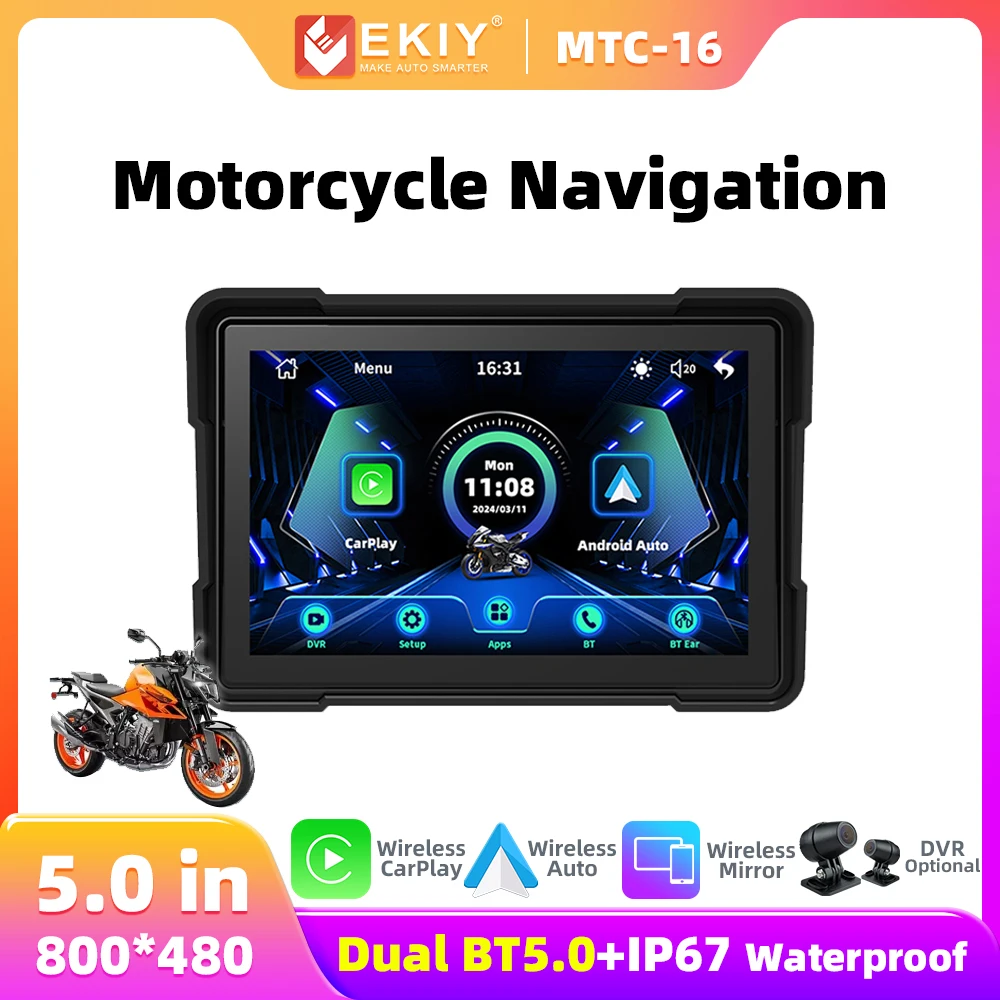 EKIY MTC16 5inch Navigation Motorcycle Waterproof Wireless Android Auto Apple Carplay Display Screen Monitor Portable Motorcycle