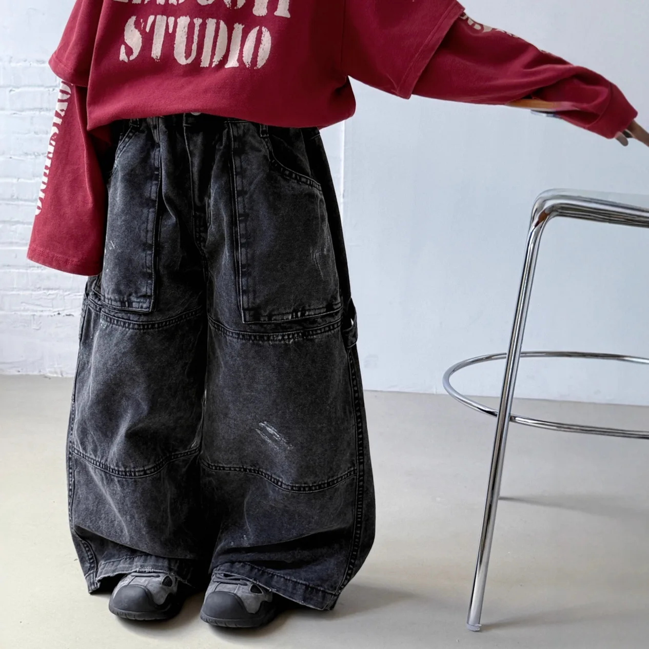 

2025 Autumn BoysRetro Distressed PantsWorkwearCotton PantsAmerican High Street Wide Leg Pants