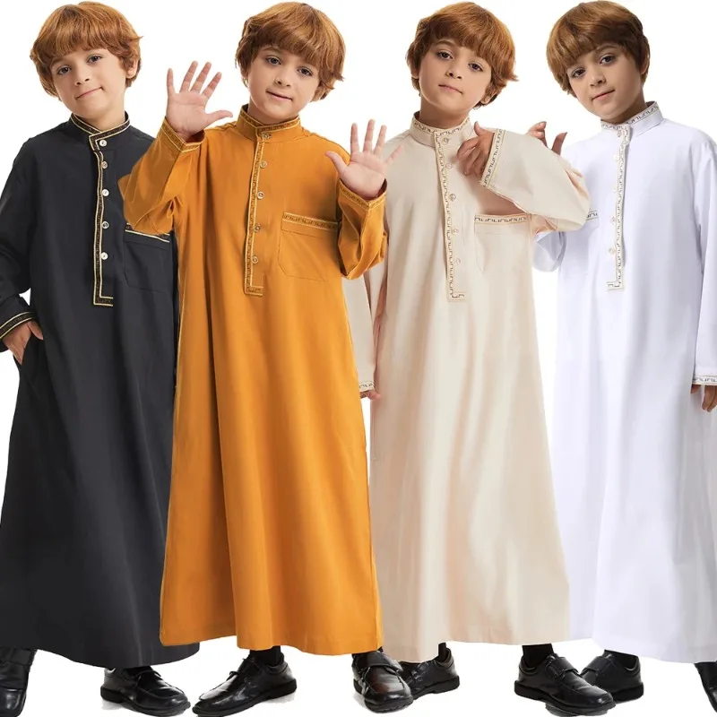 

Muslim Boys Robe Long Sleeve Dress Gown Saudi Arabia Abaya Kaftan Jubba Thobe Islam Clothing Eid Ramadan Djellaba Morocco Caftan