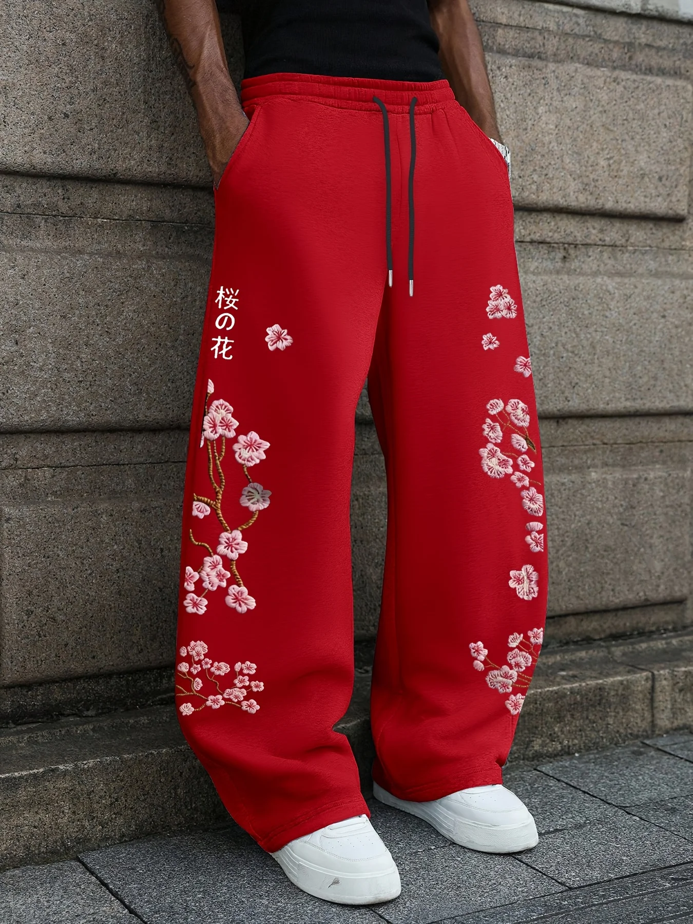 Men Sweet Cool Street Straight Leg Pants Romantic Cherry Blossom Japanese Character Print Elastic Drawstring Loose Trend S-3XL