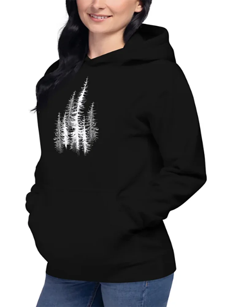 Pine Forest Trees สีขาวพิมพ์แขนยาว Crewneck Hoodie อินเทรนด์ Retro ขนาดใหญ่ของขวัญสําหรับเธอและเขากราฟิกเสื้อผ้า