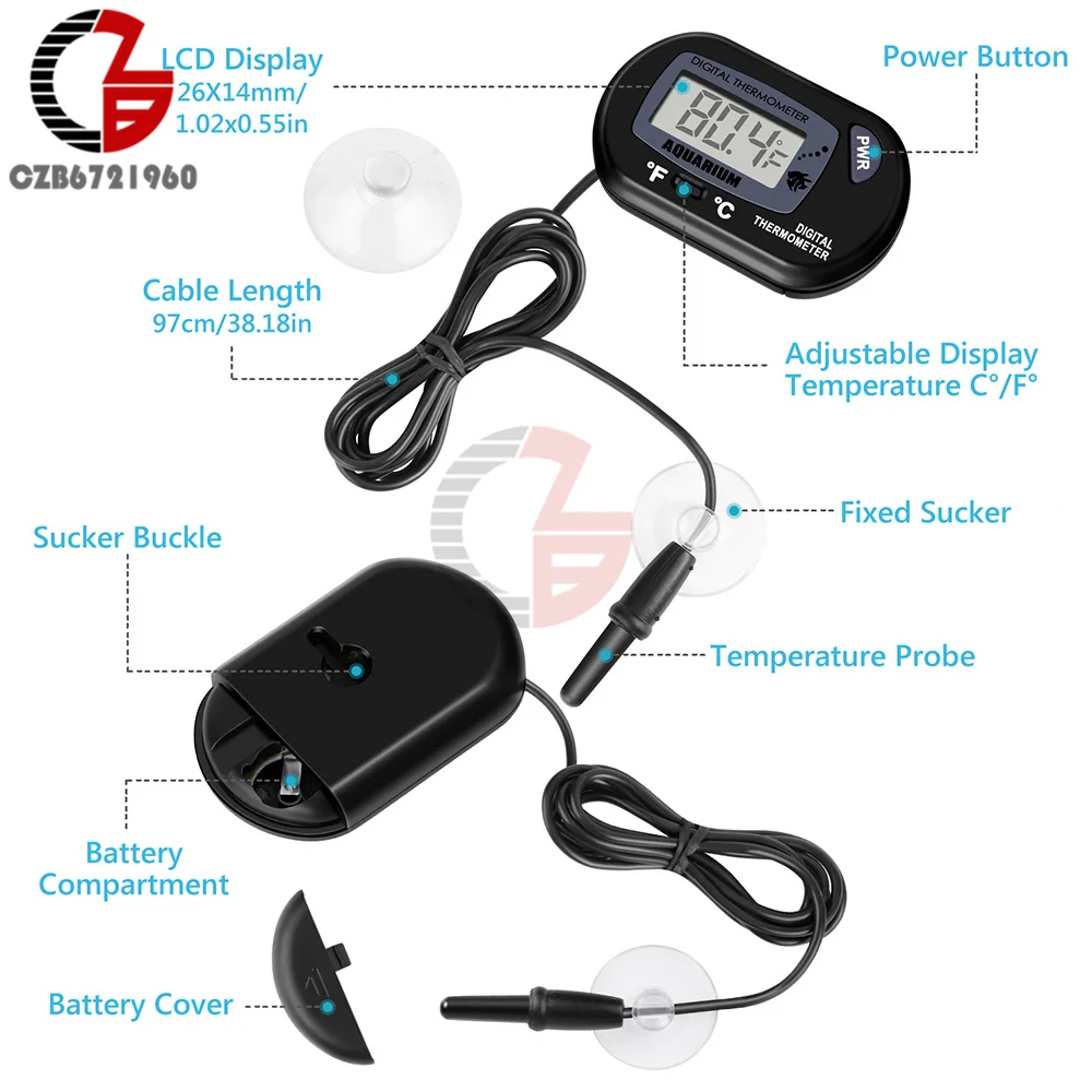 C/F Digital Thermometer Aquarium Fish Tank Swimming Pool Bath Temperature Sensor Meter Temperature Monitor Detector with Suction