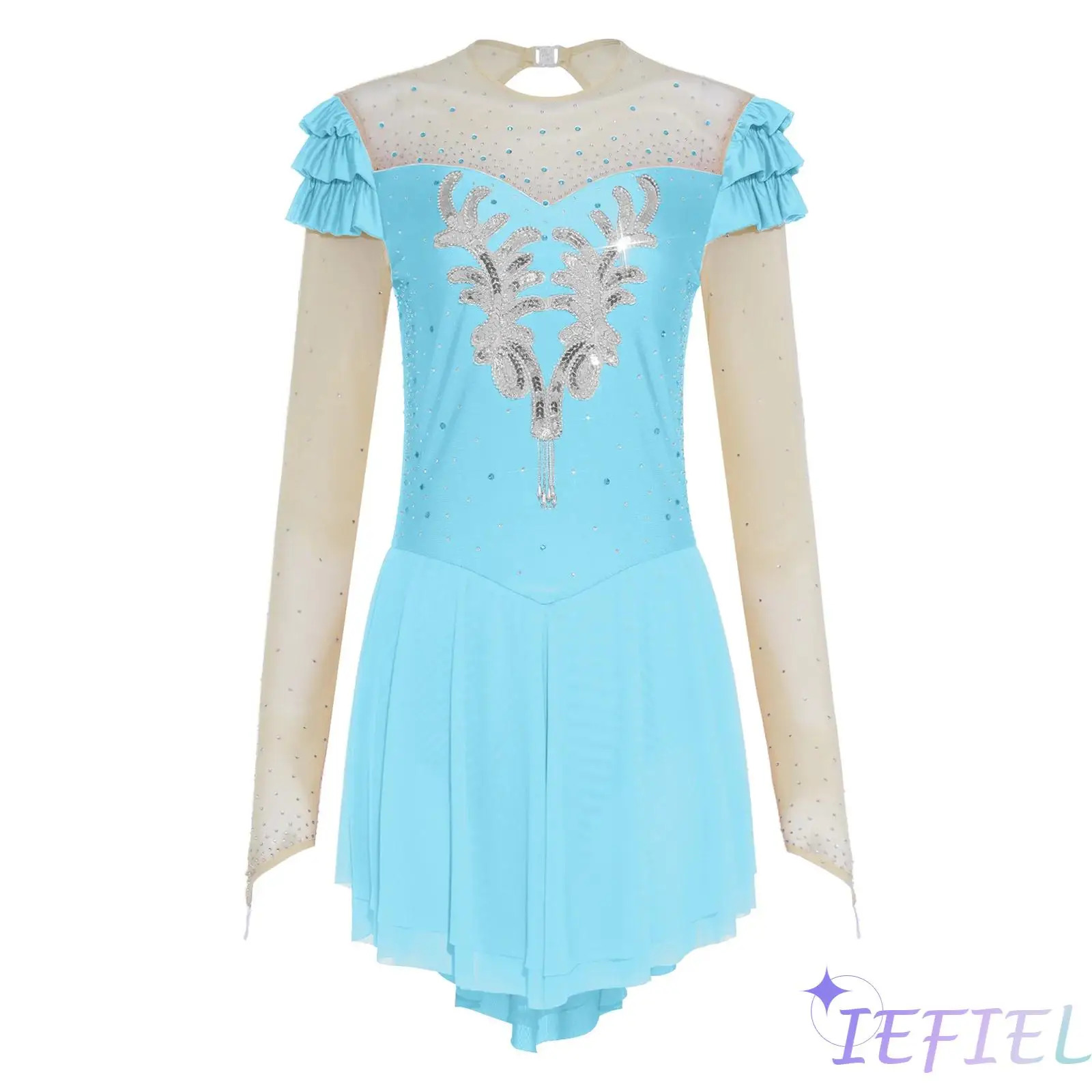 

Womens Figure Skating Dance Clothes Sequined Applique Rhinestone Mesh Long Sleeve Dress Lyrical Ballet Latin Dance Costume Dress