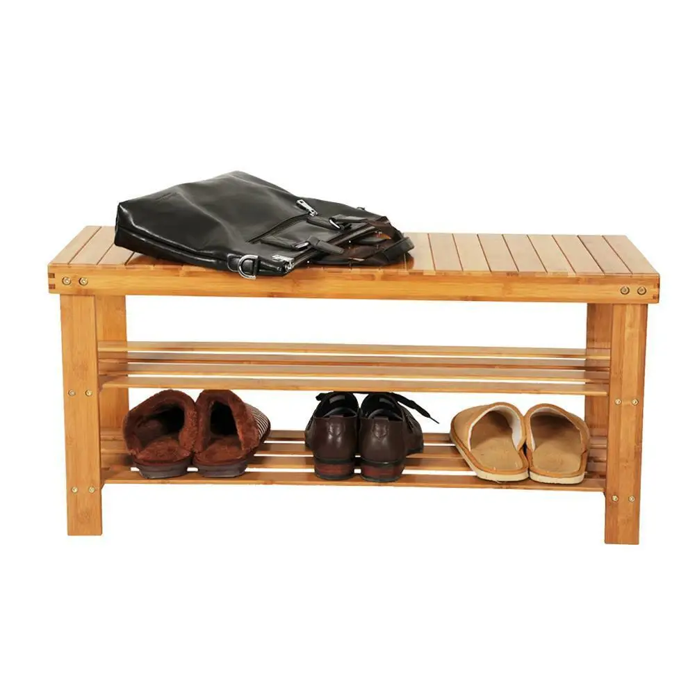 100% Natural Bamboo Shoe Bench 2-Tier Shoe Rack Organizer Entryway Storage Shelf