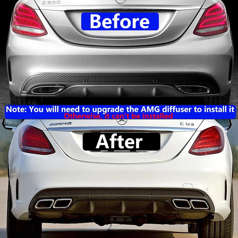 For 2015 to 2018 Mercedes-Benz C-Class W205 C63 AMG exhaust pipes with square muffler, tip nozzle carbon fiber