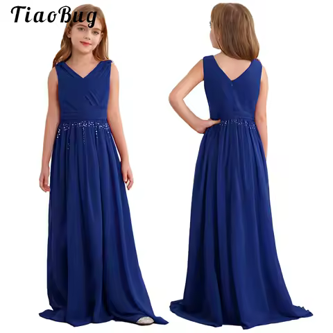 Girls Festive Dress V-neck Sleeveless Long Flower Girl Dress Princess Elegant Chiffon Dress for Party Evening Wedding Cocktail