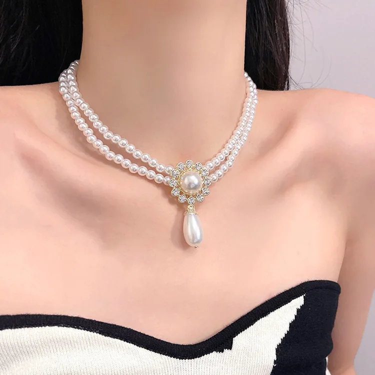 Vintage Elegant Double -Layer Pearl Necklace Bow Water Droplet Pendant Neck Chain for Women Girl Party Jewelry HUANZHI 2023 NEW image 4