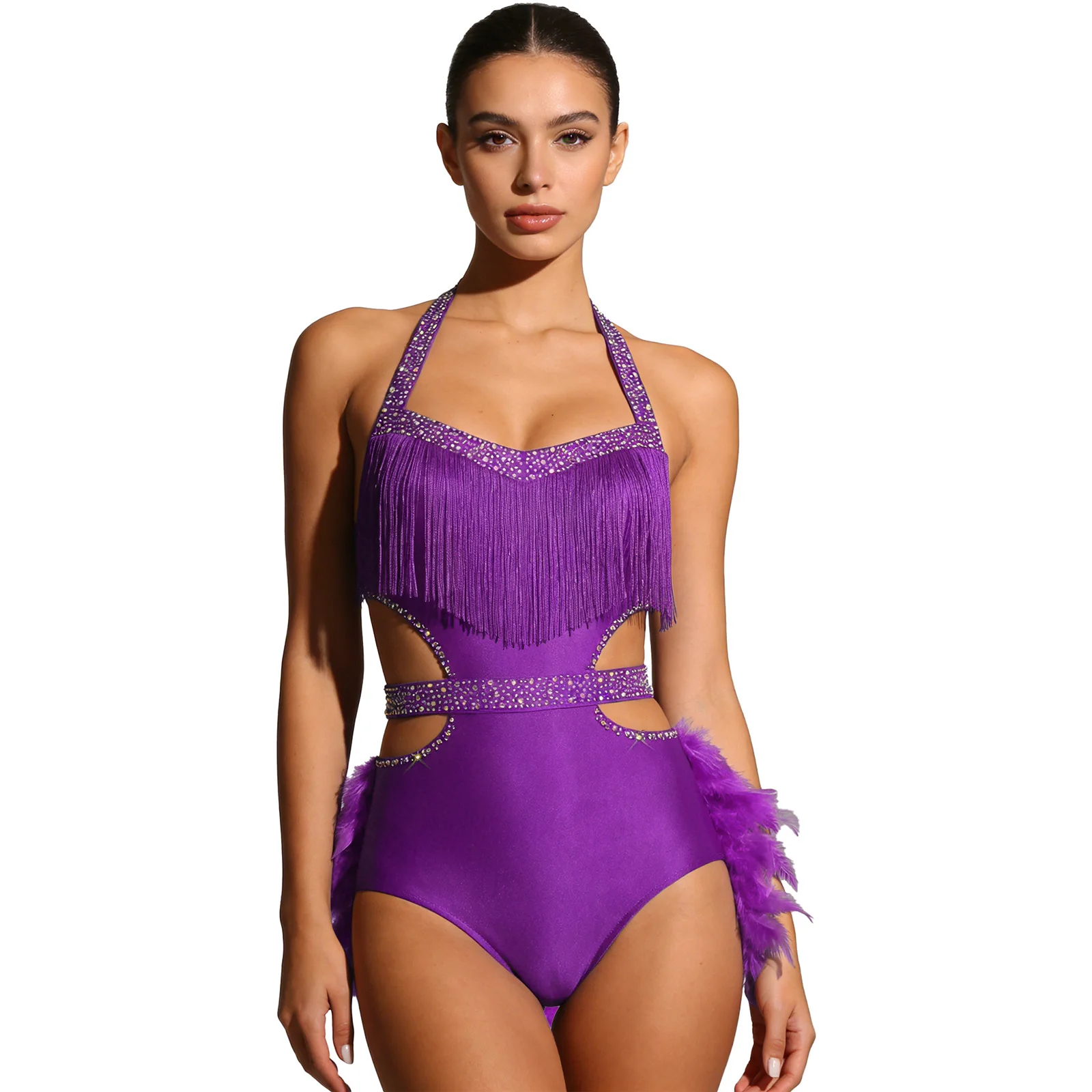 إمرأة لامع حجر الراين اللاتينية رومبا السامبا ملابس رقص الجمباز بذلة الاسبانية زي فو ريشة لهجة الرسن عارية الذراعين ارتداءها #5