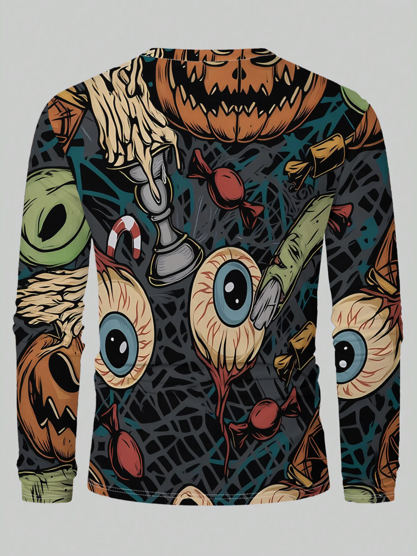 Men Long Sleeve T‑Shirt Halloween All‑Over Print Pumpkin Eyeball Zombie Candy Crew Neck Horror Casual Tops