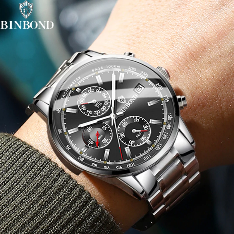 BINBOND B6022 Senior Luxury Men Quartz Watch Automatic Date Wristwatch Waterproof Luminous Sport Chronograph Business Men Watch