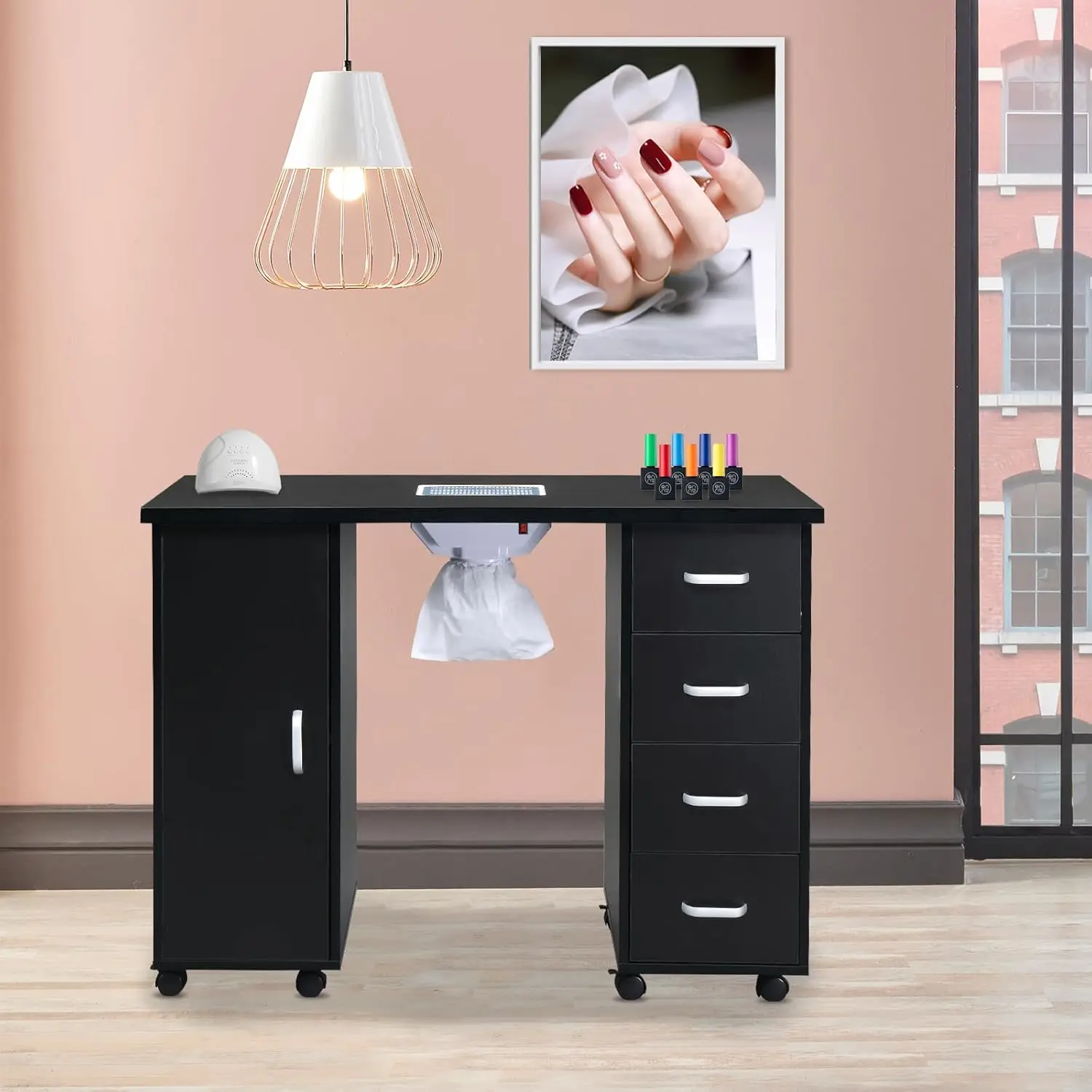 Mesa de manicura Escritorio para uñas para tecnología de uñas, mesa para uñas con colector de polvo eléctrico, almacenamiento de maquillaje de uñas con 1 gabinete lateral y 4