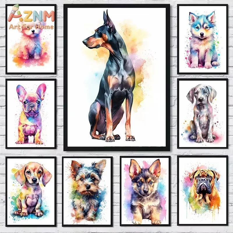 Watercolor Dog Canvas Wall Art Doberman Husky French Bulldog Puppy Poster Pet Wall Art Decor For Living Room Bedroom Home Gift