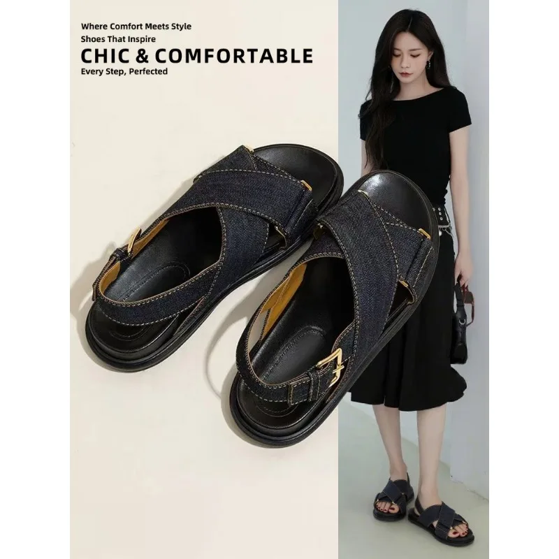 

2025 New Summer Genuine Leather Denim Thick Soled Sandals Women's Cross-strap Flat Bottom Retro Roman Open Toe Sandals Handmade