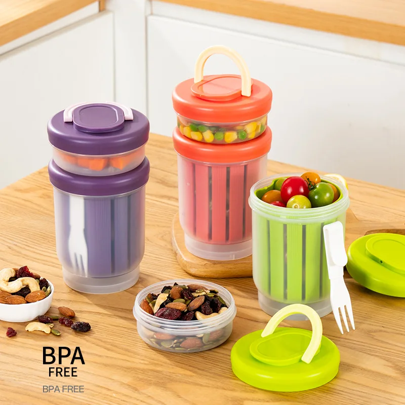 Taza de ensalada de frutas de doble capa con tenedor, tarro Mason portátil, lonchera para oficina y escuela, caja bento con drenaje para conservar alimentos frescos