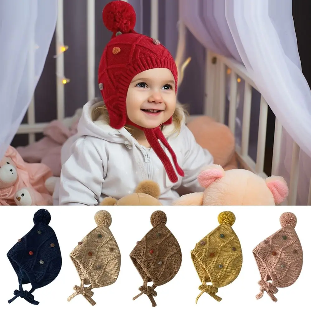 

New Plaid Knit Knitted Cap Warm Cotton Lace Up Cap Baby Hairball Earmuffs Autumn Winter