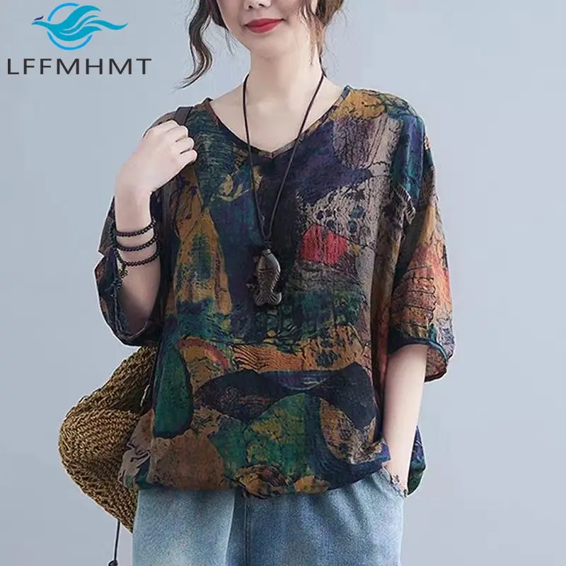 Summer Fashion Indian Folk Cotton Linen T-shirt for Women Soft Comfortable Female O-neck Short Sleeve Loose Casual Pullover Tops