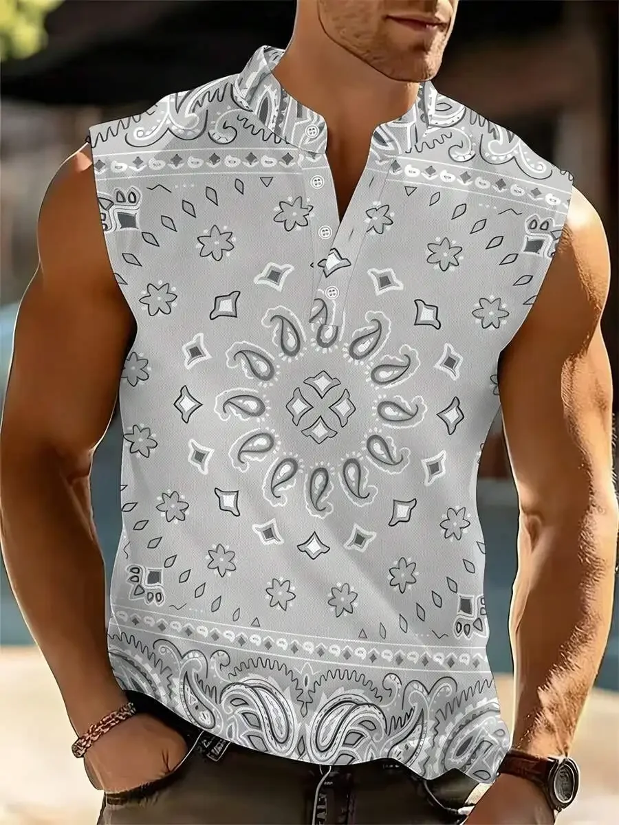 

Mens Sleeveless Paisley Print Henley Shirt Gray Stand Collar Casual Summer