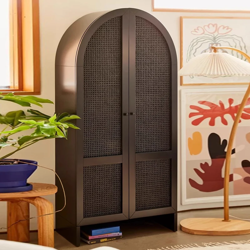 خزانة كتب مقوسة من الخشب الصلب الأمريكي، وخزانة زخرفية من الروطان القديم، وخزانة غرفة المعيشة #5