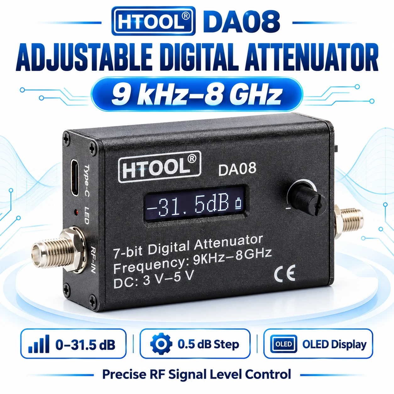 OLED RF Attenuator Display Knob Control 0.5dB Step Digital Step 0‑31.5dB 9KHz‑8GHz SMA Type‑C Power DA08 for RF Test
