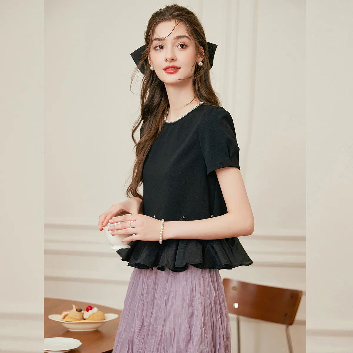 LOUIS YAO New Patchwork Women's Blouses 2025 Summer Neckline Bead Chain Lotus Women top Leaf Hem Slim Short Sleeve Shirt