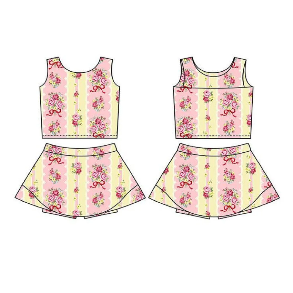 

Boutique Wholesale Baby Girls Pink Bows Floral Stripe Yoga Active Wear Skort Knee Length Dresses Set